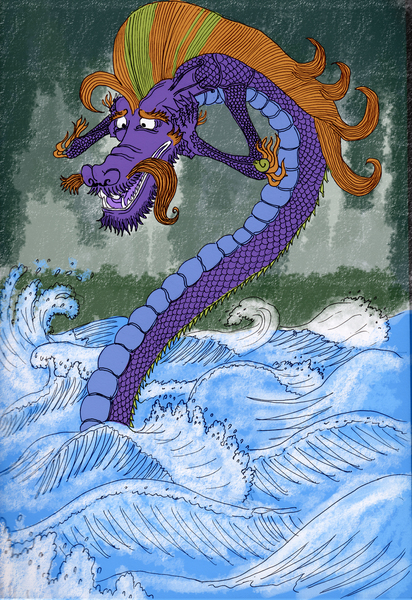 Size: 2376x3464 | Tagged: safe, artist:muramasa91, steven magnet, chinese dragon, dragon, sea serpent, friendship is magic, g4, distressed, featured image, fine art parody, hand on face, in water, male, solo, standing, style emulation, traditional art, wave