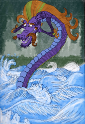 Size: 2376x3464 | Tagged: safe, artist:muramasa91, steven magnet, sea serpent, friendship is magic, g4, 2011, distressed, featured image, fine art parody, hand on face, in water, male, solo, standing, style emulation, traditional art, ukiyo-e, wave