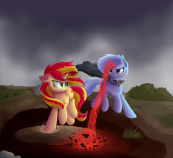 Size: 1142x1042 | Tagged: safe, artist:vanillaghosties, sunset shimmer, trixie, pony, unicorn, g4, alicorn amulet, cape, clothes, counterparts, fight, glowing horn, horn, twilight's counterparts