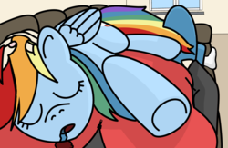 Size: 1024x666 | Tagged: safe, artist:entaiou, rainbow dash, human, pony, g4, couch, cuddling, cute, daaaaaaaaaaaw, dashabetes, drool, hnnng, human on pony snuggling, petting, sleeping, snuggling, weapons-grade cute