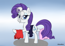 Size: 4960x3507 | Tagged: safe, artist:sentireaeris, rarity, g4, clothes, clothes horse, female, frown, pun, raised leg, solo