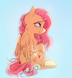Size: 1100x1200 | Tagged: safe, artist:asianpony, fluttershy, butterfly, pegasus, pony, g4, chest fluff, female, living cutie mark, looking away, mare, partially open wings, profile, simple background, sitting, solo, wings