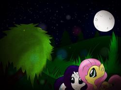 Size: 1047x785 | Tagged: safe, artist:mylittlelevi64, fluttershy, rarity, pony, g4, female, full moon, lesbian, looking at something, mare, moon, night, ship:flarity, shipping, starry night