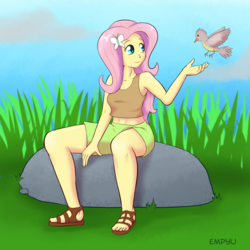Size: 1200x1200 | Tagged: safe, artist:empyu, fluttershy, bird, equestria girls, g4, armpits, belly button, clothes, female, grass, midriff, rock, sandals, shorts, solo, tank top
