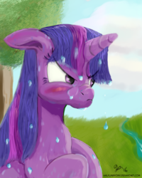 Size: 1200x1500 | Tagged: safe, artist:halflingpony, twilight sparkle, alicorn, pony, g4, angry, blushing, female, floppy ears, frown, glare, pouting, solo, twilight sparkle (alicorn), water, wet, wet mane