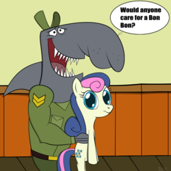 Size: 1000x1000 | Tagged: safe, artist:r-c-h, bon bon, sweetie drops, pony, shark, g4, bonpun, crossover, duo, holding a pony, it's a trap, looking at you, mrs. puff you're fired, pun, sergeant roderick, spongebob squarepants, visual pun
