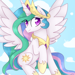 Size: 1000x1000 | Tagged: dead source, safe, artist:ultrard, princess celestia, alicorn, pony, g4, colored pupils, female, raised hoof, sky, smiling, solo, spread wings, wings