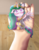 Size: 1328x1717 | Tagged: safe, artist:polishcrossoverfan, princess celestia, alicorn, human, pony, g4, :<, chibi, colored pupils, cute, cutelestia, eyelashes, hand, holding a pony, in goliath's palm, micro, one ear down, small, smol, tiny