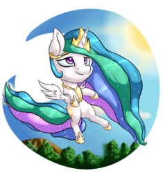 Size: 2157x2268 | Tagged: safe, artist:itresad, princess celestia, pony, g4, chibi, cloud, cute, female, flying, high res, mare, simple background, sky, solo, sun, transparent background, tree