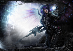 Size: 1280x905 | Tagged: safe, artist:inteaselive, twilight sparkle, human, g4, artificial wings, augmented, body armor, female, gun, humanized, mechanical wing, rifle, science fiction, solo, twilight sparkle (alicorn), weapon, wings