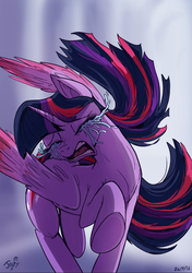 Size: 583x827 | Tagged: safe, artist:jowyb, twilight sparkle, alicorn, pony, g4, betrayed, colored wings, colored wingtips, crying, eyes closed, female, gums, open mouth, running, sad, screaming, signature, solo, tantrum, teeth, tongue out, trotting, twilight sparkle (alicorn), upset, yelling