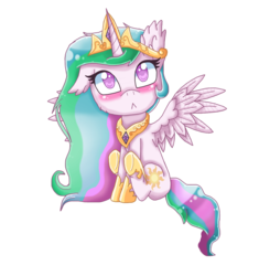 Size: 1328x1412 | Tagged: safe, alternate version, artist:polishcrossoverfan, princess celestia, alicorn, pony, g4, :<, blushing, chibi, colored pupils, ear fluff, female, mare, one ear down, simple background, solo, spread wings, transparent background