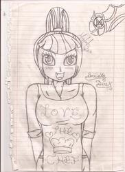 Size: 1700x2338 | Tagged: safe, artist:the-devil-shadow, sonata dusk, equestria girls, g4, apron, breasts, busty sonata dusk, clothes, female, lined paper, monochrome, pencil drawing, solo, traditional art