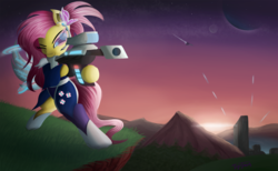 Size: 1625x1000 | Tagged: safe, artist:tyzain, fluttershy, g4, city, future, gun, outfit, weapon