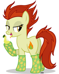 Size: 3100x3900 | Tagged: safe, artist:a4r91n, oc, oc only, oc:para focului, earth pony, pony, bedroom eyes, butt, clothes, cutie mark, eating, food, herbivore, high res, looking at you, pear, plot, show accurate, simple background, socks, tongue out, transparent background, vector
