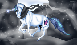 Size: 3100x1800 | Tagged: safe, artist:wohveli, shining armor, horse, g4, blizzard, clothes, magic, male, realistic, scarf, snow, snowfall, solo