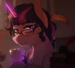 Size: 1100x1000 | Tagged: safe, artist:asianpony, twilight sparkle, g4, alternate hairstyle, book, coffee, feather, female, glasses, looking at you, magic, paper, solo, tired
