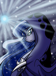 Size: 1024x1374 | Tagged: dead source, safe, artist:skectasy, princess luna, spirit of hearth's warming yet to come, alicorn, pony, a hearth's warming tail, g4, cloak, clothes, female, magic, snow, snowfall, solo