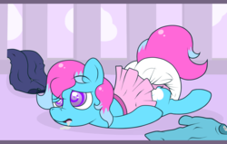 Size: 1892x1203 | Tagged: safe, artist:itshiptoflunkbees, oc, oc only, oc:softandfluffy, clothes, crossdressing, cute, diaper, drool, hypnosis, hypnotized, male, mental regression, non-baby in diaper, playpen, poofy diaper, sissy, solo, swirly eyes