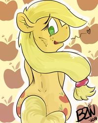 Size: 900x1128 | Tagged: safe, artist:bow2yourwaifu, applejack, g4, applebutt, blushing, both cutie marks, butt, cute, heart, love, plot, sit