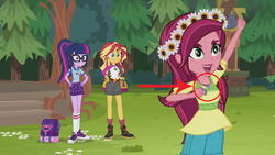 Size: 1280x720 | Tagged: safe, edit, edited screencap, screencap, gloriosa daisy, sci-twi, sunset shimmer, twilight sparkle, equestria girls, g4, my little pony equestria girls: legend of everfree, backpack, clothes, converse, foreshadowing, geode of fauna, geode of shielding, geode of sugar bombs, geode of super speed, geode of super strength, magical geodes, shoes, sneakers, whistle