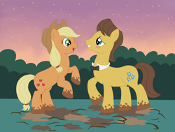 Size: 1582x1195 | Tagged: safe, artist:ojos-color-bosque, applejack, caramel, pony, g4, blushing, dancing, duo, female, garden party, male, mud, ship:carajack, shipping, straight