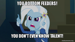 Size: 800x446 | Tagged: safe, edit, edited screencap, screencap, trixie, equestria girls, g4, my little pony equestria girls: rainbow rocks, caption, culture shock, image macro, makeameme.org, meme, spongebob squarepants, trixie yells at everything