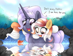 Size: 1024x785 | Tagged: safe, artist:joakaha, oc, oc only, oc:night glow, oc:pebbles, alicorn, pony, alicorn oc, cute, dialogue, eyes on the prize, floating, freckles, happy, heart, open mouth, pegaduck, pond, ponies riding ponies, reflection, riding, smiling, swimming, water, watermark