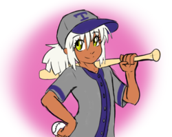 Size: 837x666 | Tagged: safe, artist:dj-black-n-white, oc, oc only, oc:snapshot, satyr, alternate hairstyle, baseball, baseball bat, baseball cap, clothes, colored, dark skin, femboy, hat, male, parent:photo finish, ponytail, trap