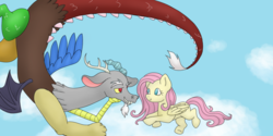 Size: 1366x685 | Tagged: safe, artist:ukulelepineapplecat, discord, fluttershy, g4, cloud, female, male, ship:discoshy, shipping, straight