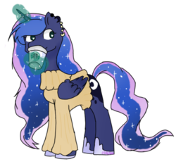 Size: 400x372 | Tagged: safe, artist:ts46386, princess luna, g4, clothes, ear piercing, earring, female, glowing horn, horn, jewelry, piercing, solo, starbucks, sweater