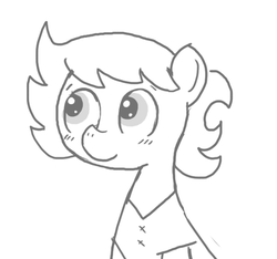 Size: 640x600 | Tagged: safe, artist:ficficponyfic, oc, oc only, oc:ruby rouge, earth pony, pony, colt quest, blushing, child, clothes, cute, female, filly, foal, monochrome, smiling, solo focus, story included, tomboy