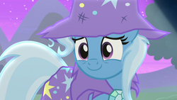 Size: 1280x720 | Tagged: safe, screencap, trixie, pony, unicorn, g4, no second prances, c:, cape, clothes, cute, diatrixes, female, hat, looking at you, mare, smiling, solo, torn clothes, trixie's cape, trixie's hat