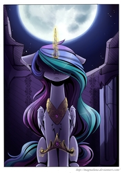 Size: 3000x4245 | Tagged: dead source, safe, artist:magnaluna, princess celestia, alicorn, pony, g4, female, floppy ears, full moon, hidden eyes, magic, mare, night sky, solo, stars