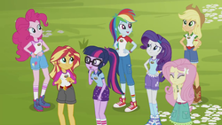 Size: 1280x720 | Tagged: safe, screencap, applejack, fluttershy, pinkie pie, rainbow dash, rarity, sci-twi, sunset shimmer, twilight sparkle, human, equestria girls, g4, my little pony equestria girls: legend of everfree, clothes, converse, cute, female, glasses, humane five, humane seven, humane six, legs, ponytail, shoes, sleeveless, sneakers