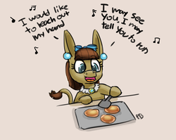 Size: 1280x1018 | Tagged: safe, artist:pabbley, matilda, g4, cooking, food, music notes, pancakes, singing, solo