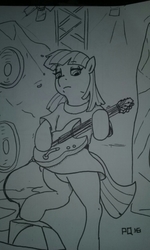 Size: 480x799 | Tagged: safe, artist:pony quarantine, maud pie, earth pony, pony, g4, 4chan, clothes, dress, electric guitar, female, guitar, looking down, monochrome, musical instrument, rock (music), solo, speaker, stage