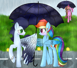 Size: 1024x905 | Tagged: dead source, safe, artist:northlights8, rainbow dash, soarin', oc, pony, g4, colored wings, colored wingtips, female, male, rain, ship:soarindash, shipper on deck, shipping, straight, umbrella