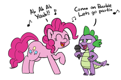 Size: 1280x846 | Tagged: safe, artist:pabbley, pinkie pie, spike, g4, aqua (band), barbie girl, microphone, music notes, singing, song reference