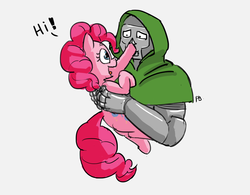 Size: 1280x997 | Tagged: safe, artist:pabbley, pinkie pie, earth pony, pony, g4, boop, crossover, doctor doom, hi, holding a pony