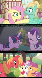 Size: 1280x2343 | Tagged: safe, edit, edited screencap, screencap, apple bloom, big macintosh, fluttershy, scootaloo, starlight glimmer, sweetie belle, twilight sparkle, zephyr breeze, alicorn, earth pony, pegasus, pony, unicorn, crusaders of the lost mark, flutter brutter, g4, no second prances, ponyville confidential, a talking cat!?!, cutie mark crusaders, female, filly, foal, implying, jontron, male, mare, politics in the comments, psyga's alternate pony scenes, stallion, text, twilight sparkle (alicorn)