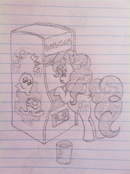 Size: 1280x1714 | Tagged: safe, artist:petea-copine, pinkie pie, g4, arcade, female, lined paper, monochrome, pac-man, solo, traditional art