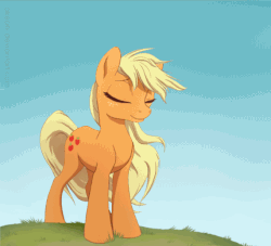 Size: 680x618 | Tagged: safe, artist:akeahi, artist:szafir87, edit, applejack, earth pony, pony, g4, animated, cinemagraph, cloud, cute, eyes closed, female, freckles, grass, headbob, loop, loose hair, mare, messy mane, perfect loop, smiling, solo, windswept mane