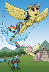 Size: 500x738 | Tagged: safe, artist:johnraptor, ahuizotl, daring do, fluttershy, rainbow dash, g4, flying