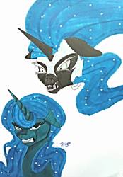 Size: 932x1342 | Tagged: safe, artist:moondaneka, nightmare moon, princess luna, g4, crying, duality, floppy ears, gritted teeth, simple background, traditional art