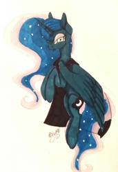 Size: 972x1422 | Tagged: safe, artist:moondaneka, princess luna, g4, cape, clothes, female, flying, simple background, solo, traditional art