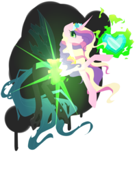 Size: 1024x1299 | Tagged: safe, artist:pinkiecitrine, queen chrysalis, changeling, changeling queen, g4, character to character, crystal heart, disguise, disguised changeling, fake cadance, female, magic, shapeshifting, solo, telekinesis