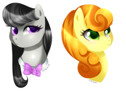 Size: 1024x742 | Tagged: safe, artist:kireikirei, carrot top, golden harvest, octavia melody, earth pony, pony, g4, bust, looking back, looking up, portrait, simple background, transparent background