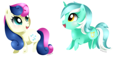 Size: 1024x504 | Tagged: safe, artist:kireikirei, bon bon, lyra heartstrings, sweetie drops, earth pony, pony, unicorn, g4, chibi, duo, simple background, smiling, transparent background