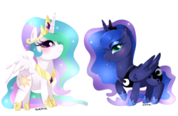 Size: 1024x668 | Tagged: safe, artist:kireikirei, princess celestia, princess luna, alicorn, pony, g4, blushing, chibi, eyeshadow, looking at you, makeup, raised hoof, royal sisters, siblings, simple background, sisters, spread wings, transparent background